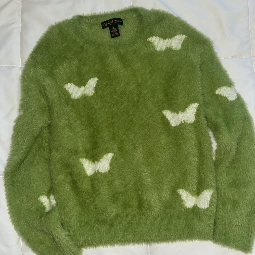 Cozy Green Sweater with White Butterfly Accents